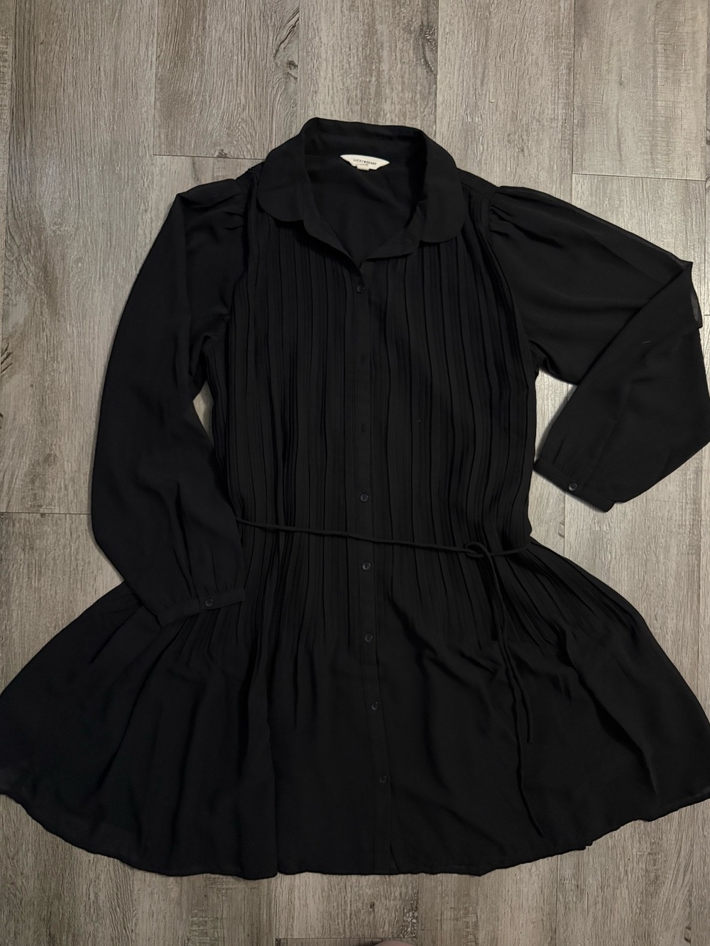 Lucky Brand Black Pleated Long-Sleeve Shirt Dress